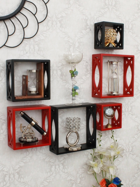 

Home Sparkle Set of 6 Black & Red MDF Basic Wall Shelf