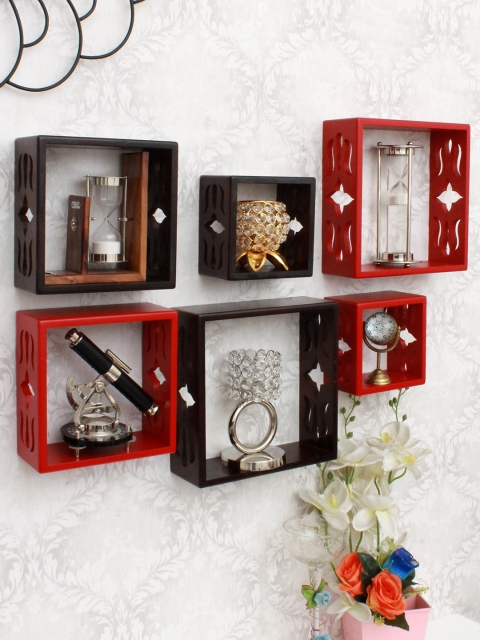 

Home Sparkle Set of 6 Brown & Red MDF Basic Wall Shelves