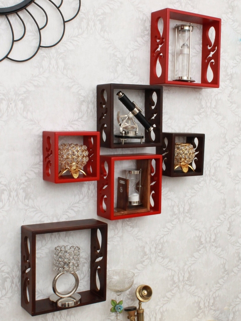 

Home Sparkle Set of 6 Brown & Red MDF Basic Wall Shelves
