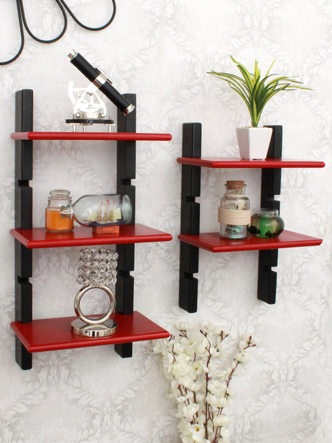 

Home Sparkle Black & Red Set Of 2 MDF Ladder Wall Shelf