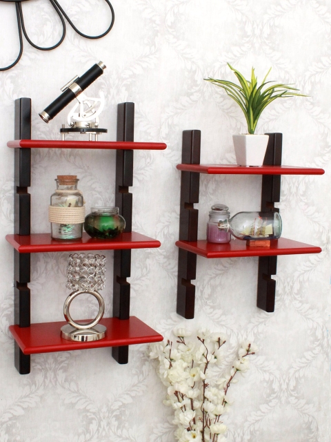 

Home Sparkle Brown & Red Set Of 2 MDF Ladder Wall Shelf