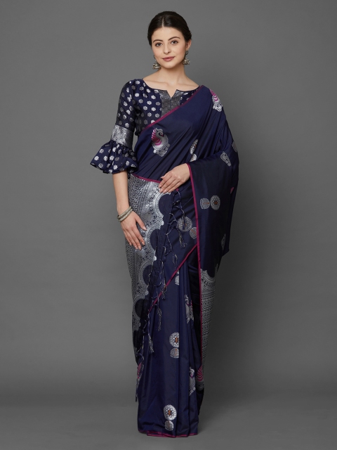 

Mitera Navy Blue Silk Blend Printed Kanjeevaram Saree