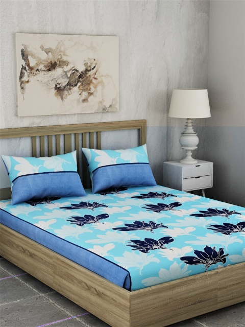 

EverHOME Blue Floral 144 TC Cotton 1 Queen Bedsheet with 2 Pillow Covers