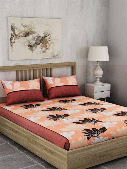 

EverHOME Coral Pink & Brown Floral 144 TC Cotton 1 Queen Bedsheet with 2 Pillow Covers