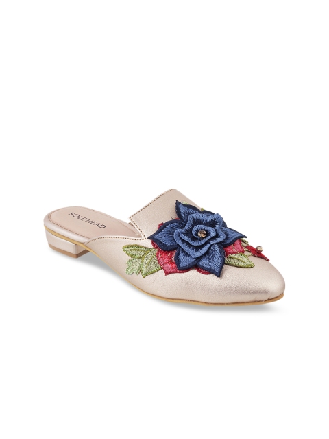 

SOLE HEAD Women Beige Embroidered Mules
