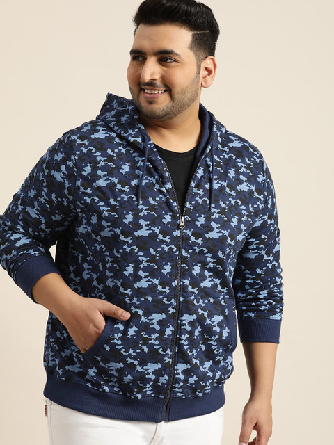 

Sztori Plus Size Men Blue Black Camoflouge Print Hooded Sweatshirt