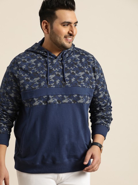 

Sztori Plus Size Men Navy Blue Grey Printed Hooded Sweatshirt