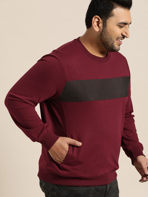 

Sztori Plus Size Men Burgundy Black Self Design Sweatshirt