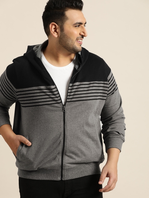 

Sztori Plus Size Men Charcoal Grey Black Colourblocked Hooded Sweatshirt