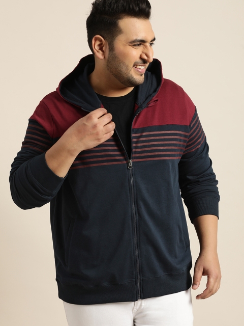 

Sztori Plus Size Men Navy Blue Maroon Colourblocked Hooded Sweatshirt