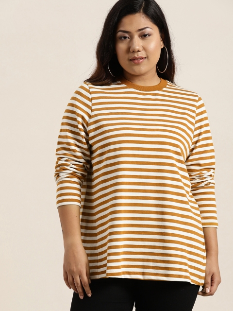

Sztori Plus Size Women Mustard Brown Off-White Striped Sweatshirt