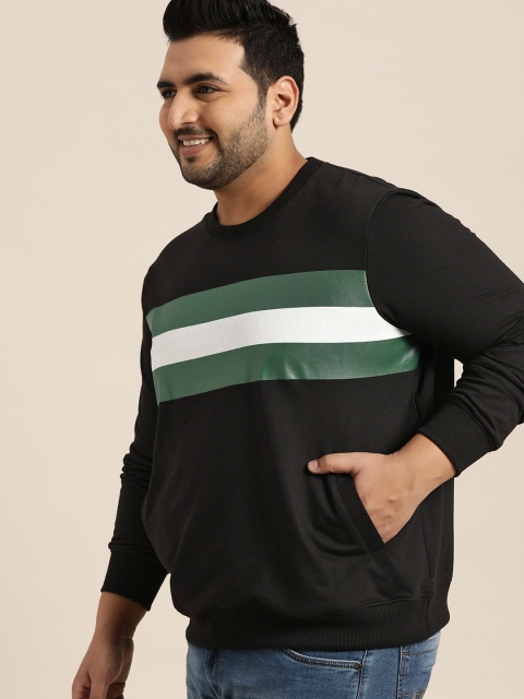 

Sztori Plus Size Men Black Green Striped Detail Sweatshirt