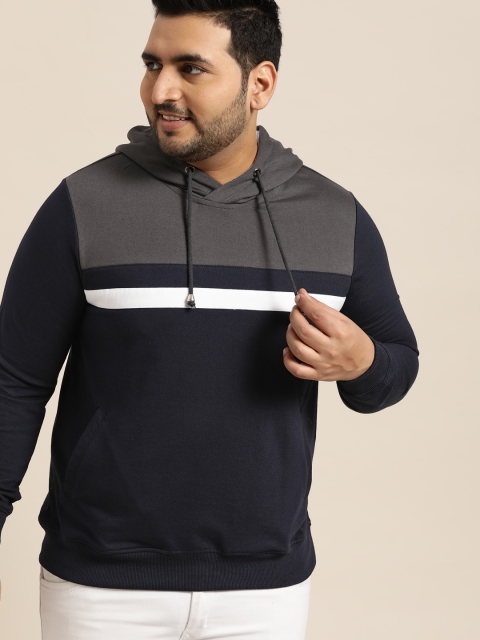

Sztori Plus Size Men Navy Blue Charcoal Grey Colourblocked Hooded Sweatshirt
