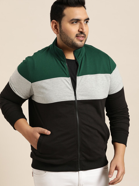 

Sztori Plus Size Men Black Green Colourblocked Sweatshirt