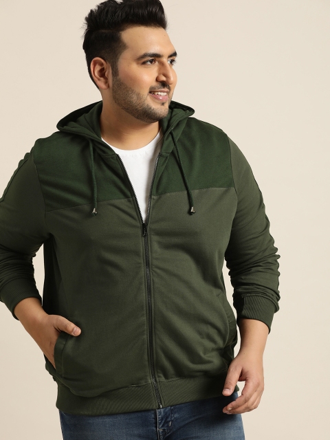 

Sztori Plus Size Men Olive Green Solid Hooded Sweatshirt