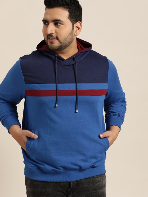 

Sztori Plus Size Men Blue Colourblocked Hooded Sweatshirt