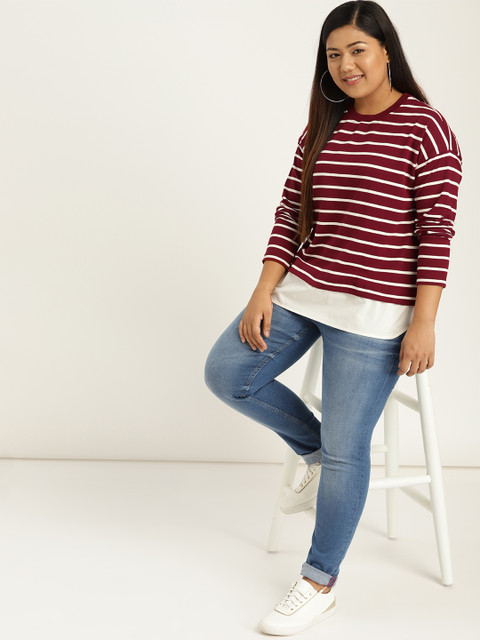 

Sztori Plus Size Women Maroon Off-White Striped Layered Sweatshirt