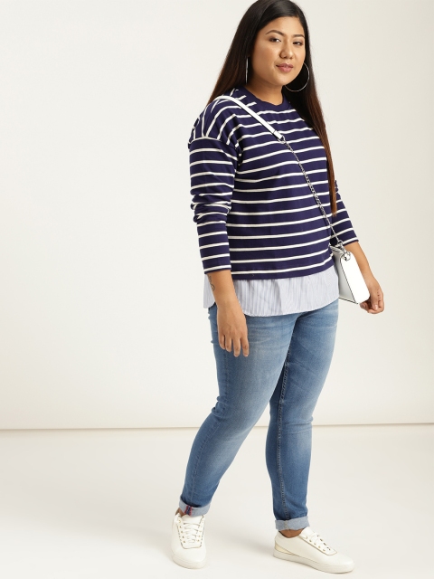 

Sztori Plus Size Women Navy Blue White Striped Sweatshirt