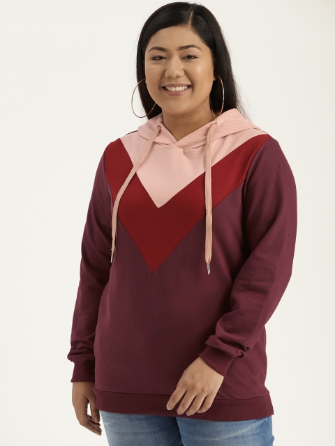 

Sztori Plus Size Women Maroon Peach-Coloured Colourblocked Hooded Sweatshirt