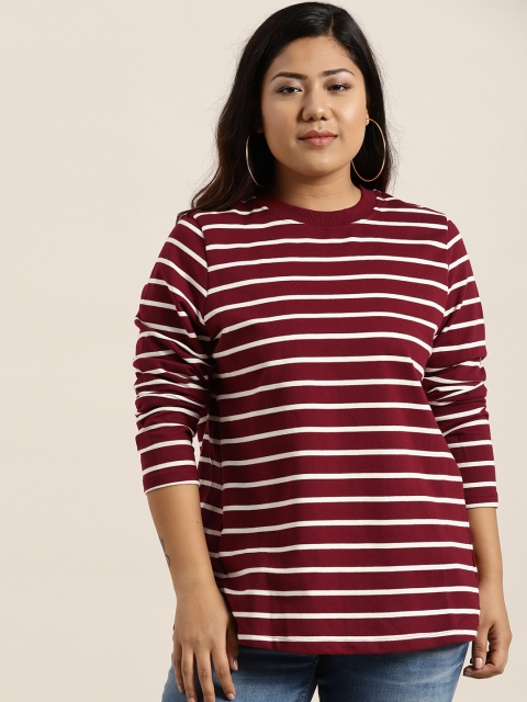 

Sztori Plus Size Women Maroon Off-White Striped Sweatshirt
