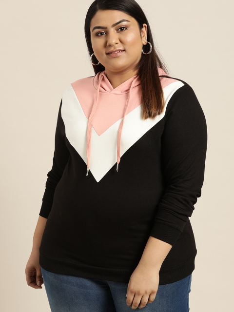 

Sztori Plus Size Women Black Pink Colourblocked Hooded Sweatshirt
