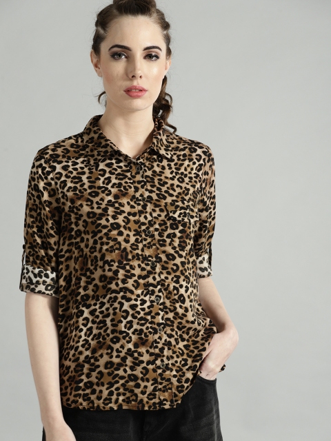 

Roadster Women Beige & Black Regular Fit Animal Print Casual Shirt
