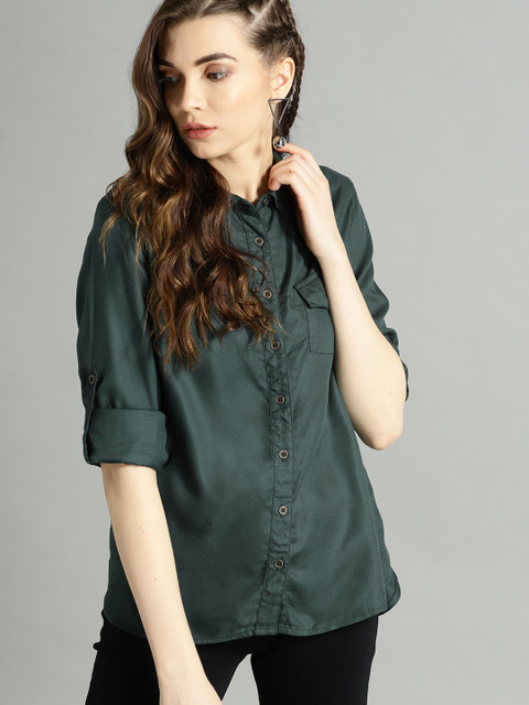 

Roadster Women Green Regular Fit Solid Casual Shirt