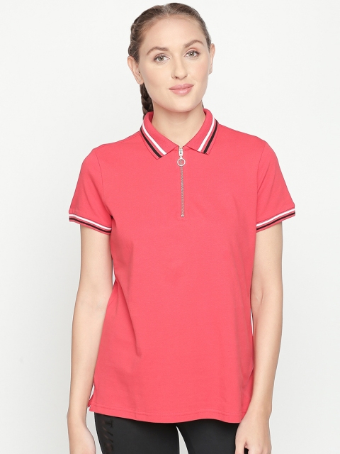 

Ajile by Pantaloons Women Red Solid Polo Collar Pure Cotton T-shirt