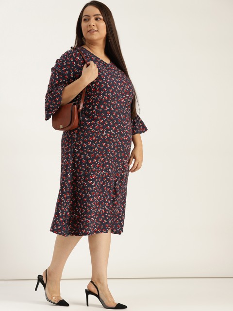 

Sztori Plus Size Women Printed Navy Blue Red Printed Shift Dress