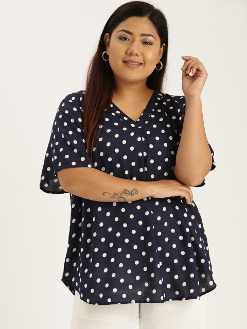 

Sztori Plus Size Women Navy Blue Polka Dot Print Top