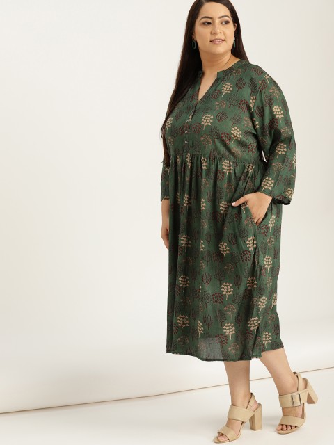 

Sztori Plus Size Women Green Beige Printed A-Line Dress