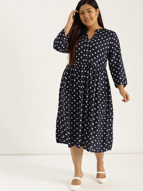 

Sztori Plus Size Women Navy Blue White Printed A-Line Dress