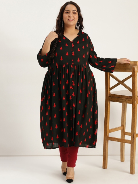 Sztori Plus Size Women Green Red Printed A-Line Kurta