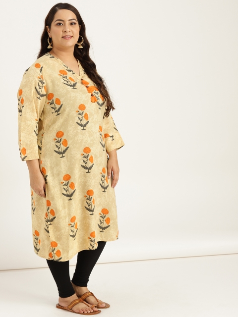 

Sztori Plus Size Women Beige Orange Printed Straight Kurta