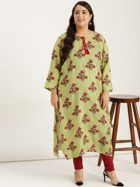 

Sztori Plus Size Women Green Pink Printed Straight Kurta