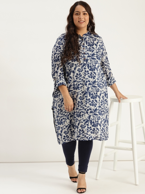 

Sztori Plus Size Women Grey Navy Blue Printed Straight Kurta