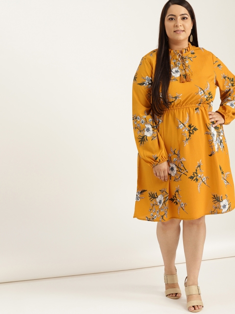 

Sztori Plus Size Women Mustard Yellow White Printed Empire Dress