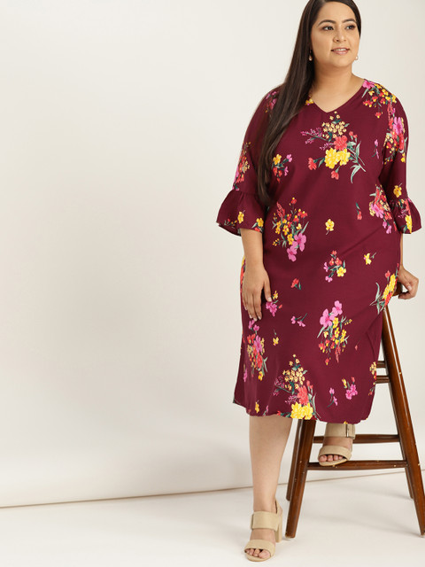 

Sztori Plus Size Women Maroon Yellow Floral Print Midi A-Line Dress