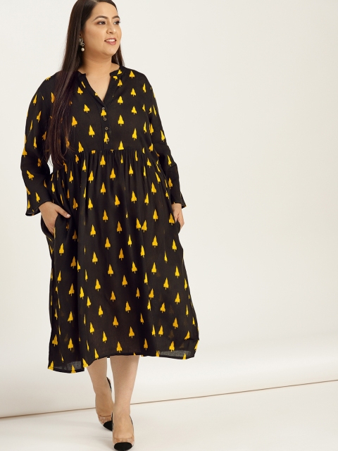 

Sztori Plus Size Women Black Yellow Printed A-Line Dress