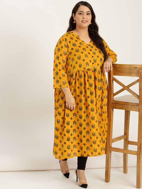 

Sztori Plus Size Women Mustard Yellow Green Printed A-Line Kurta