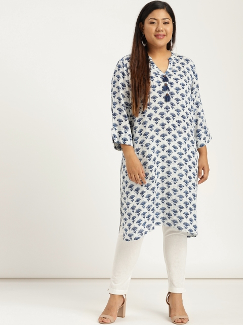 

Sztori Plus Size Women White Navy Blue Printed Straight Kurta