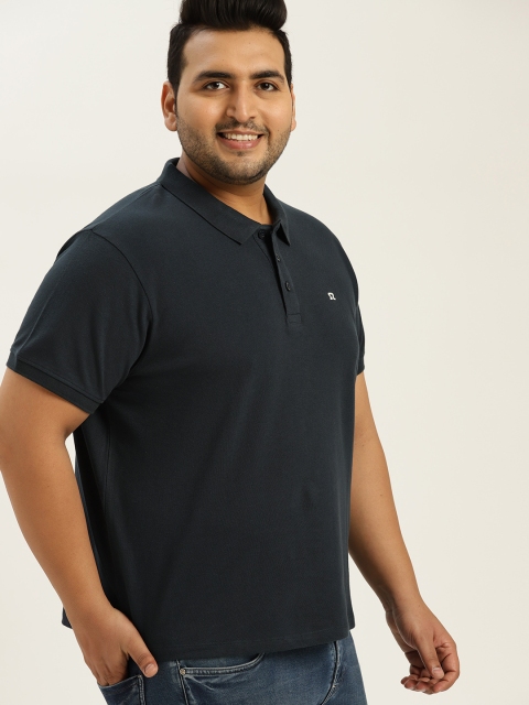 Sztori Plus Size Men Navy Blue Solid Polo Collar T-shirt
