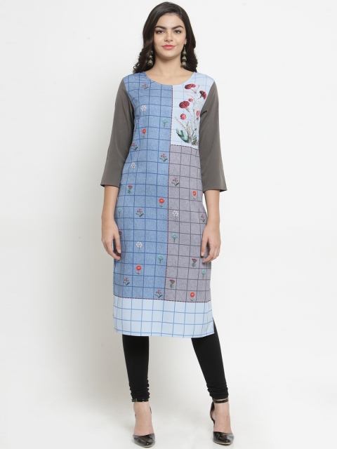 

Everlush Women Grey & Blue Checked Straight Kurta
