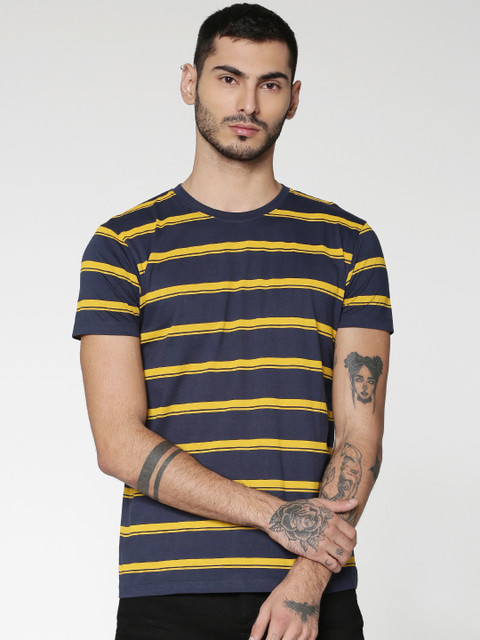 

ONLY & SONS Men Navy Blue Striped Round Neck T-shirt