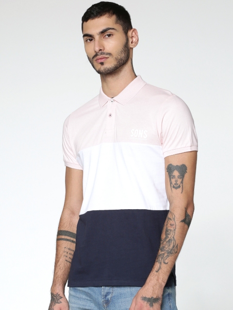 

ONLY & SONS Men Pink Colourblocked Polo Collar T-shirt