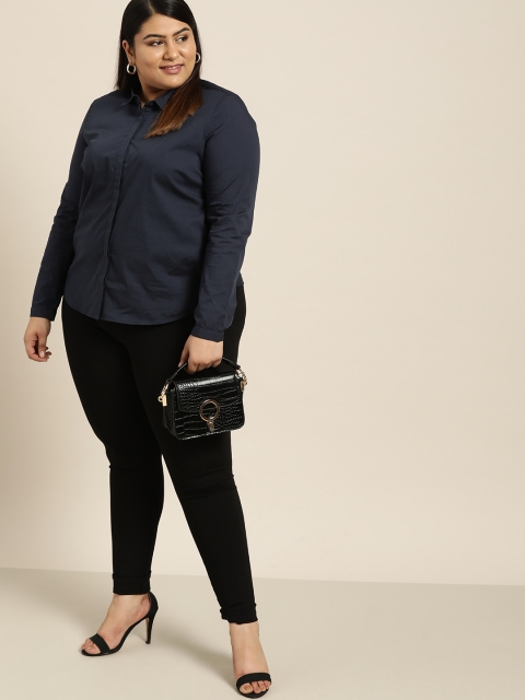 

Sztori Plus Size Women Navy Blue Regular Fit Solid Formal Shirt