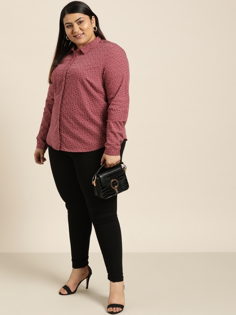 

Sztori Plus Size Women Maroon White Regular Fit Printed Casual Shirt