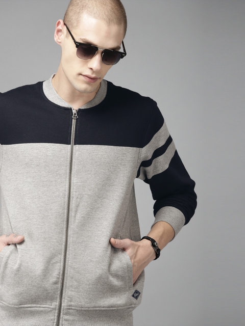 

Roadster Men Grey & Navy Blue Colourblocked Sweatshirt