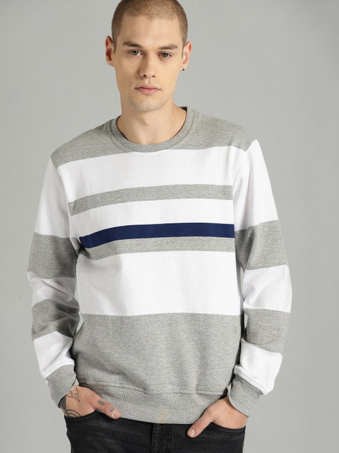 

The Roadster Lifestyle Co Men White & Grey Striped Sweatshirt