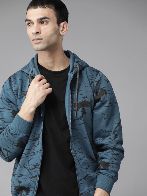 

The Roadster Lifestyle Co Men Blue Printed Hooded Sweatshirt